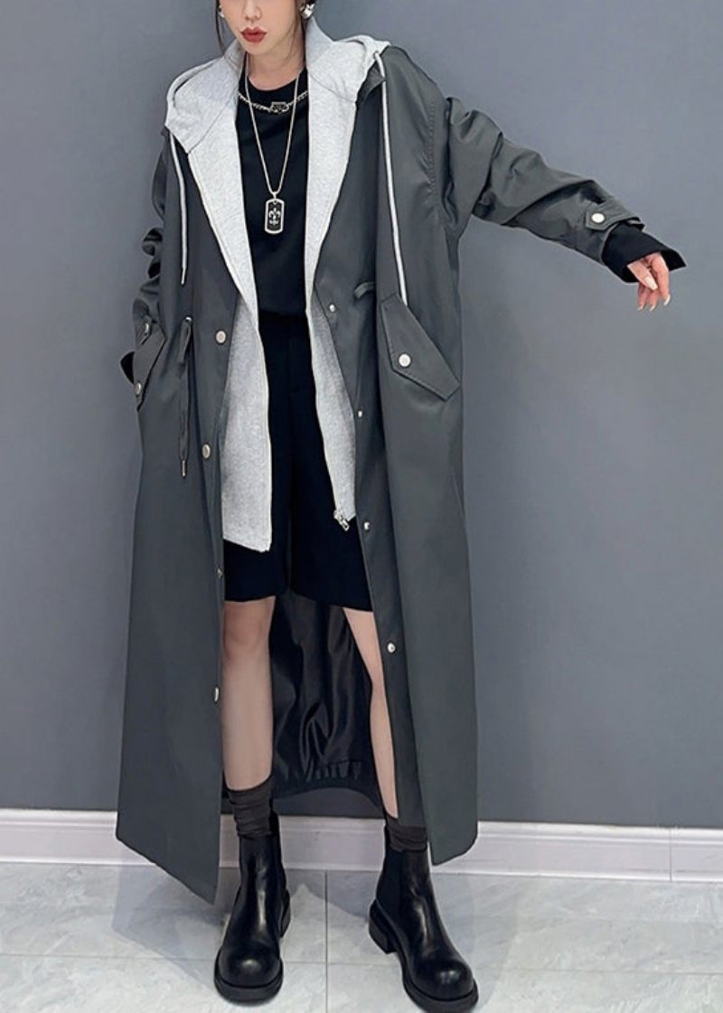 Boutique Svarta Fickor Hooded False Two Pieces Patchwork Trench Coat Fall - Trenchcoats för kvinnor