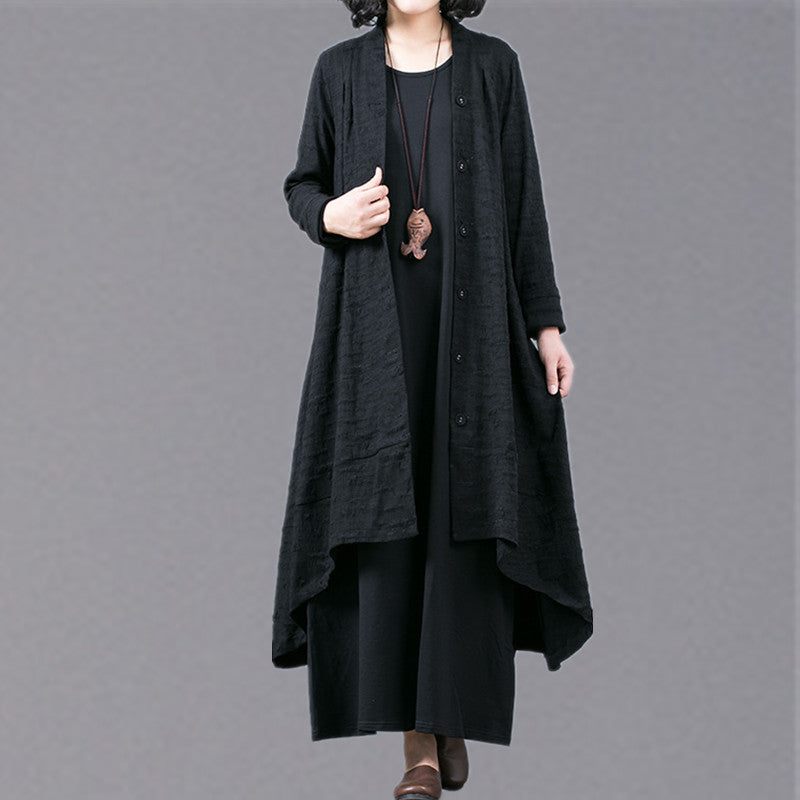 Boutique Svarta Jacquardrockar Oversize Baggy Stor Fåll Asymmetrisk Design Ytterkläder Dam Patchwork Maxi Coat