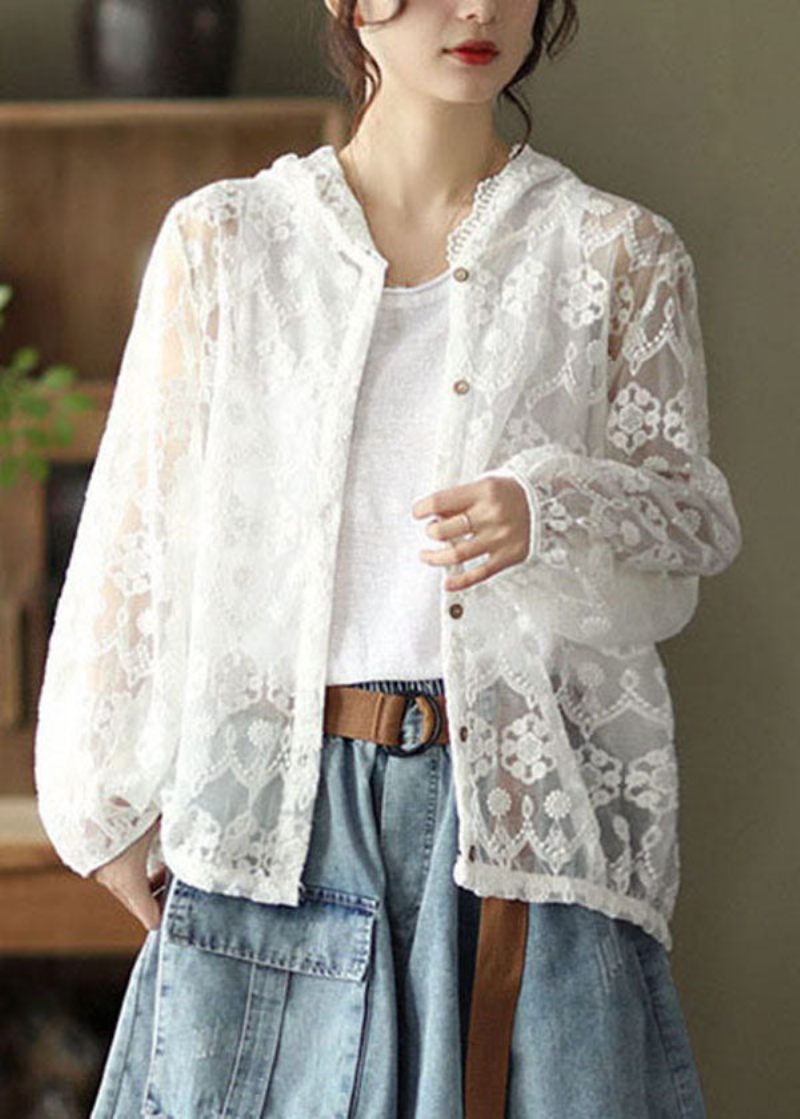 Boutique White Hooded Lace Upf 50+ Coat Cardigans Summer - Vit