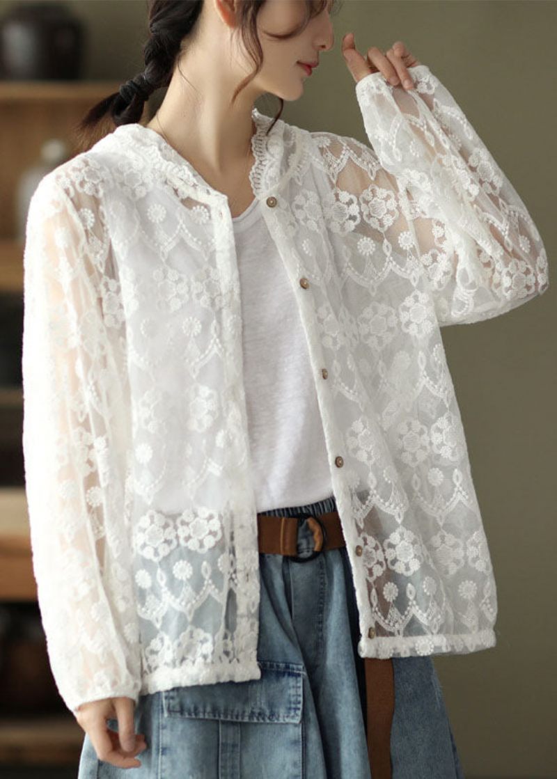 Boutique White Hooded Lace Upf 50+ Coat Cardigans Summer - Vit