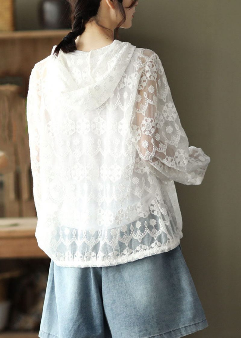 Boutique White Hooded Lace Upf 50+ Coat Cardigans Summer - Vit