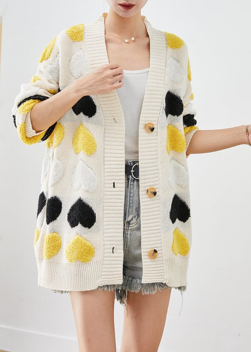 Boutique White Love Jacquard Button Down Knit Cardigan Fall - Koftor för kvinnor