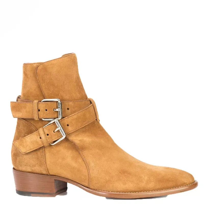 Brittisk Stil Dubbla Remmar Spänne Tan Mocka Ankelstövlar Spetsiga Tå Män Fyrkantig Häl Slip On Chelsea Boots - Brun