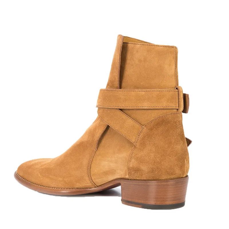 Brittisk Stil Dubbla Remmar Spänne Tan Mocka Ankelstövlar Spetsiga Tå Män Fyrkantig Häl Slip On Chelsea Boots - Brun