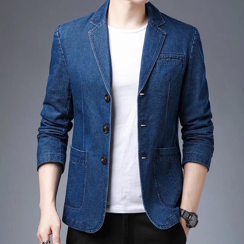 Brittisk Stil Fritid Slim Version Av The Trend Solid Denim Bekväm Blazer För Män - Svart