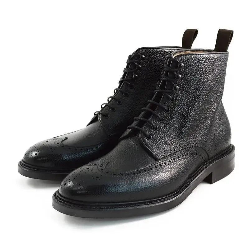 Brogue Snörning Vinter Män Stövlar Skor Add Velvet Work Boots Äkta Läder Designer Män Halkfria - Svart