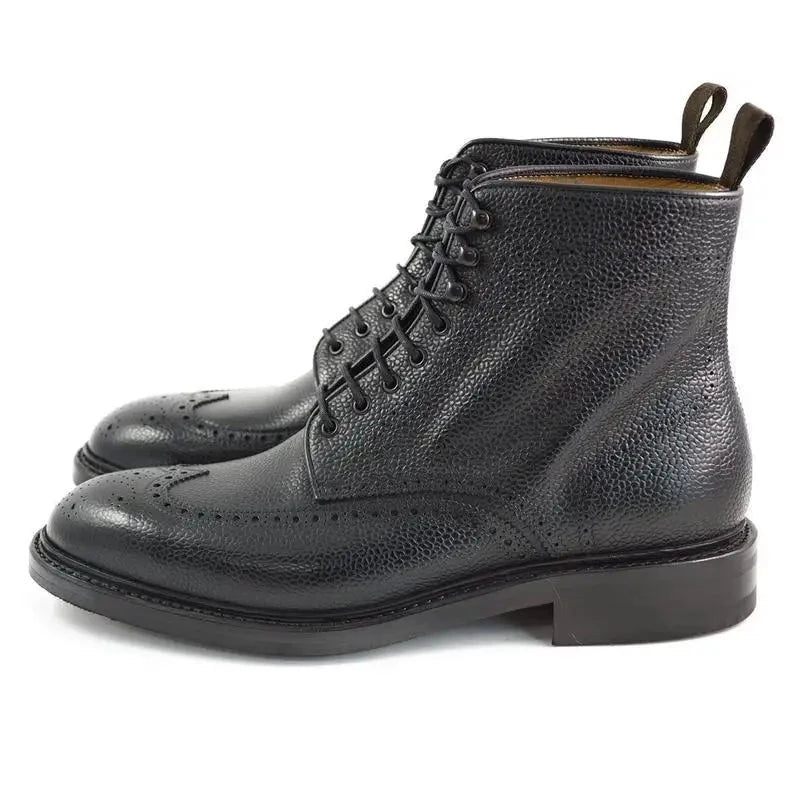 Brogue Snörning Vinter Män Stövlar Skor Add Velvet Work Boots Äkta Läder Designer Män Halkfria - Svart