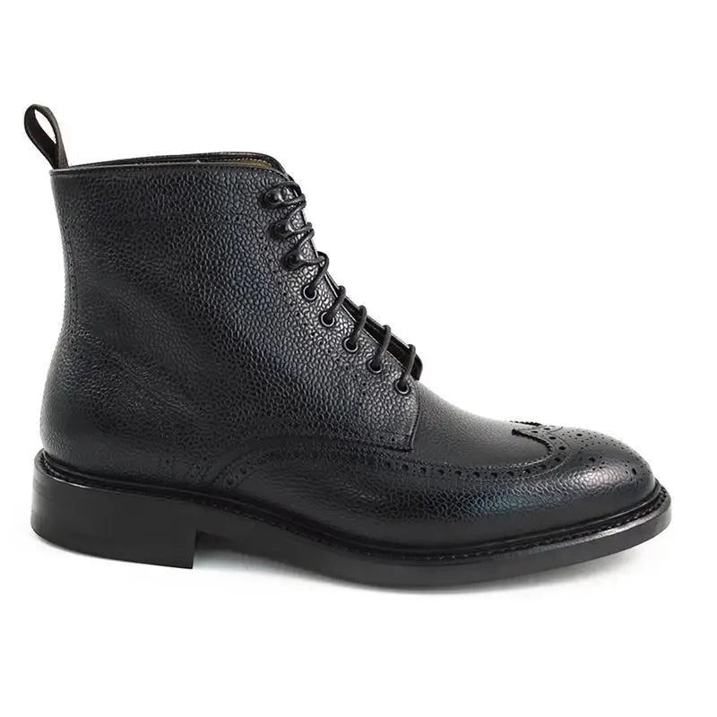 Brogue Snörning Vinter Män Stövlar Skor Add Velvet Work Boots Äkta Läder Designer Män Halkfria - Svart