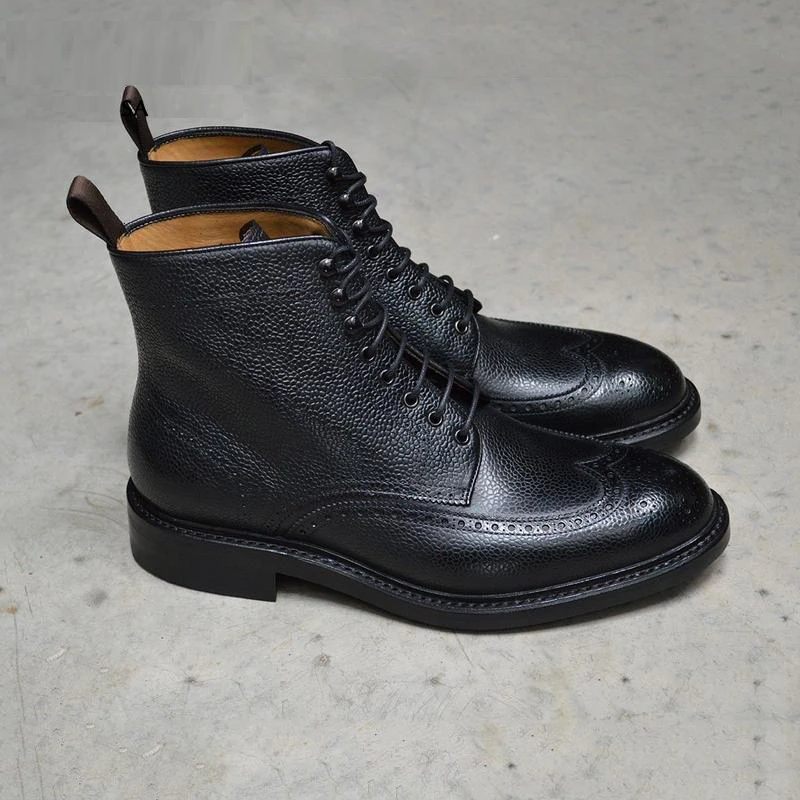 Brogue Snörning Vinter Män Stövlar Skor Add Velvet Work Boots Äkta Läder Designer Män Halkfria - Svart