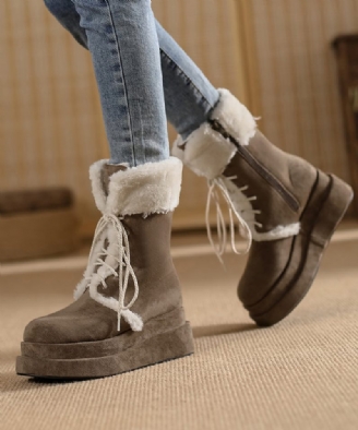 Brun Fuzzy Wool Fodrad Cross Strap Splicing Platform Boots