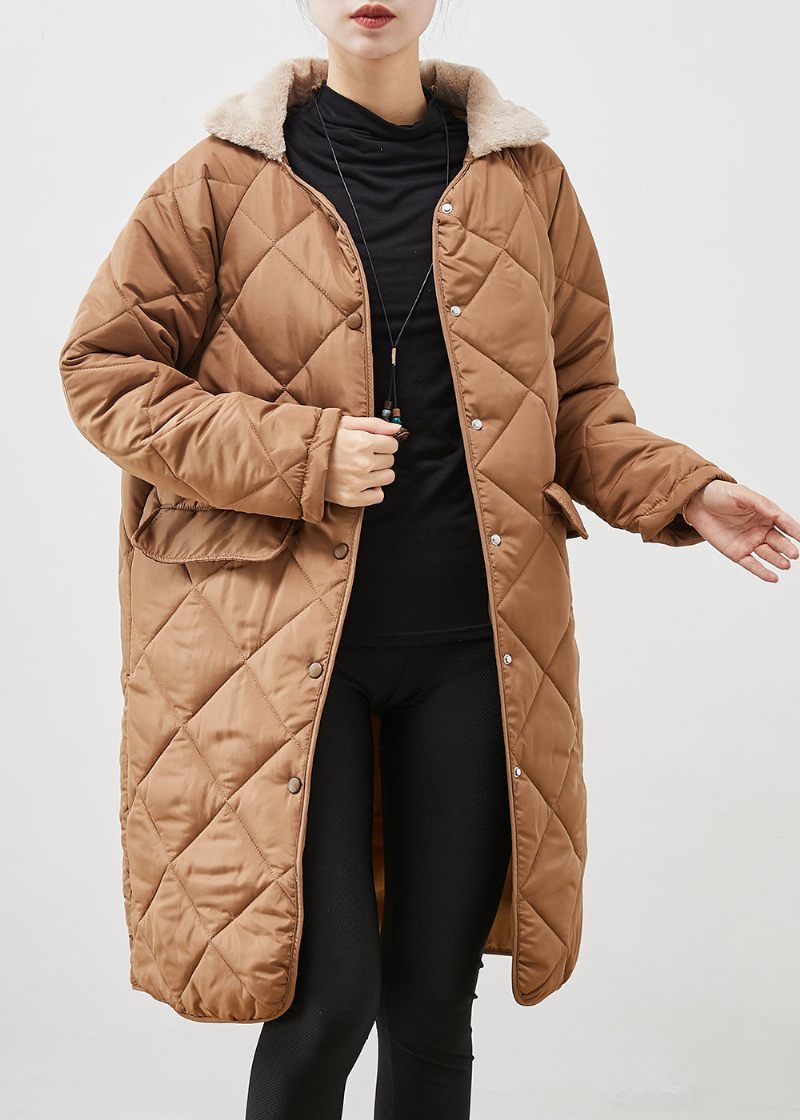 Brun Lös Duck Down Puffer Coat Pälskrage Fickor Vinter