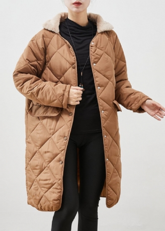 Brun Lös Duck Down Puffer Coat Pälskrage Fickor Vinter