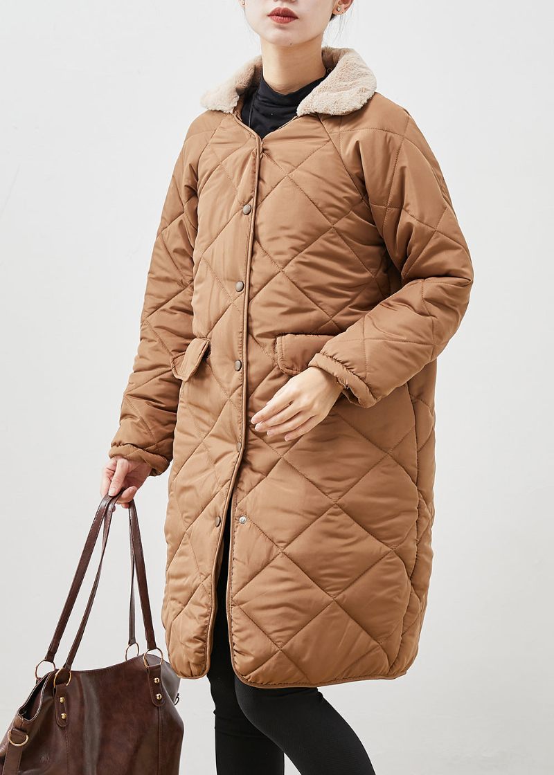 Brun Lös Duck Down Puffer Coat Pälskrage Fickor Vinter - Dunjackor för kvinnor