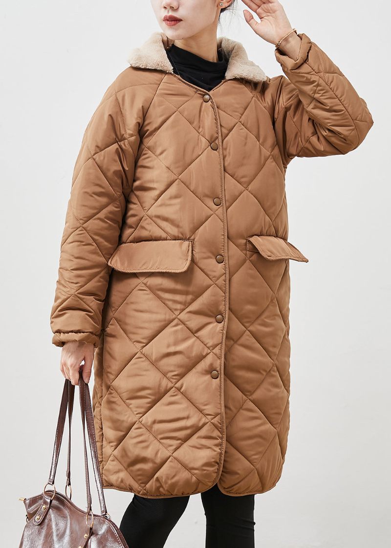 Brun Lös Duck Down Puffer Coat Pälskrage Fickor Vinter - Dunjackor för kvinnor