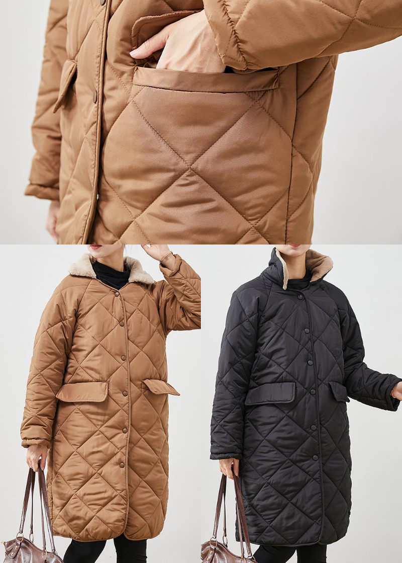 Brun Lös Duck Down Puffer Coat Pälskrage Fickor Vinter - Dunjackor för kvinnor