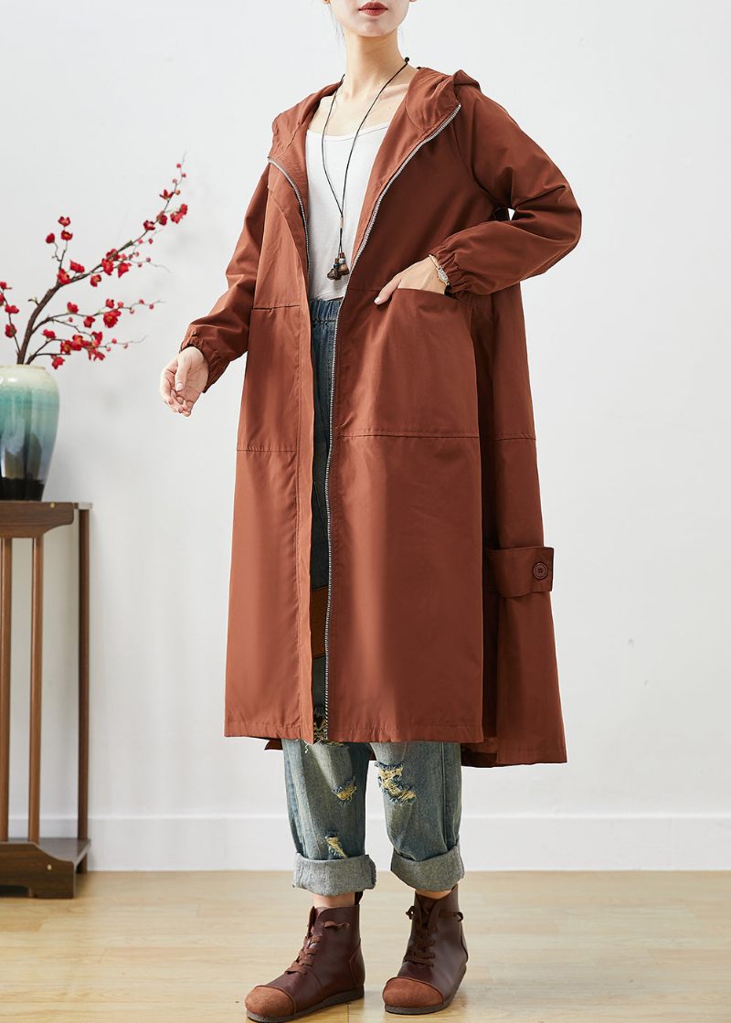 Brun Oversized Spandex Trench Hooded Dragkedja Fall