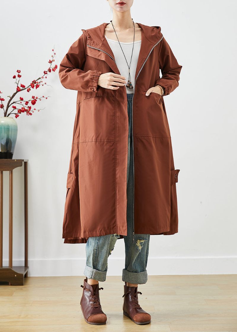 Brun Oversized Spandex Trench Hooded Dragkedja Fall - Trenchcoats för kvinnor