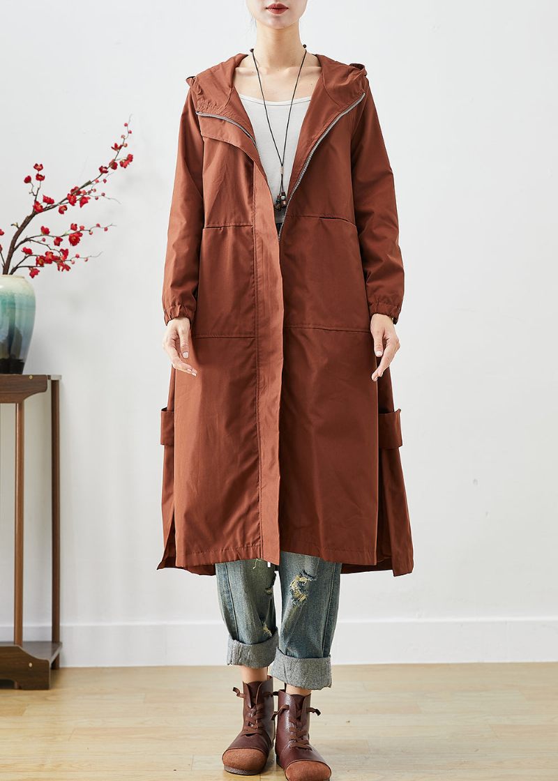 Brun Oversized Spandex Trench Hooded Dragkedja Fall - Trenchcoats för kvinnor