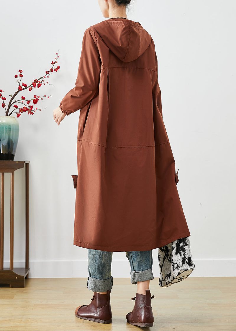 Brun Oversized Spandex Trench Hooded Dragkedja Fall - Trenchcoats för kvinnor