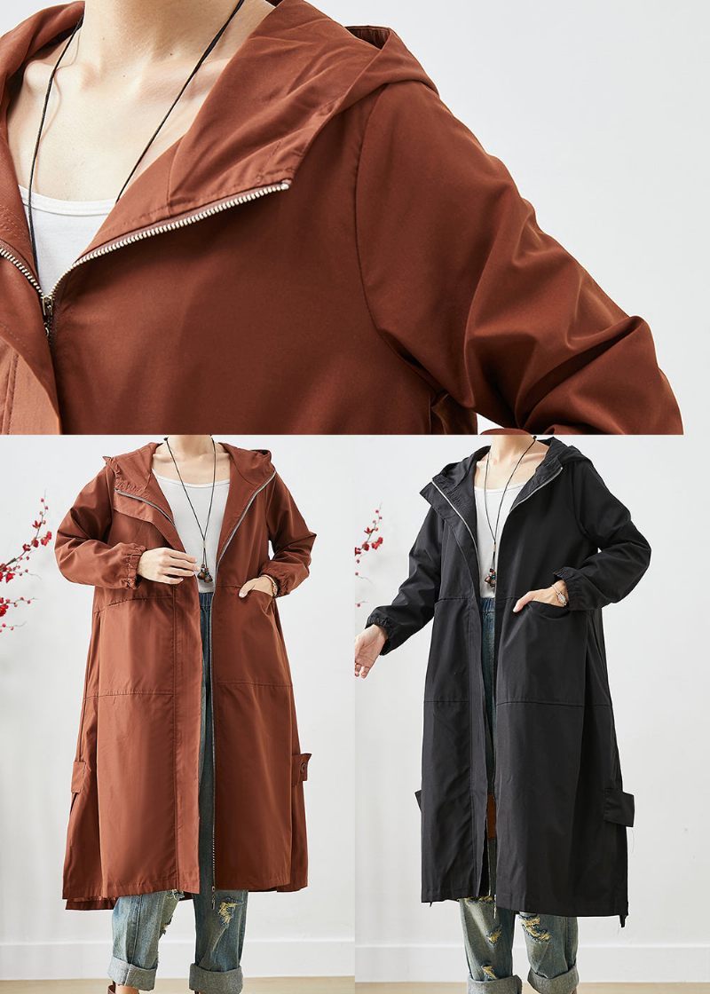 Brun Oversized Spandex Trench Hooded Dragkedja Fall - Trenchcoats för kvinnor