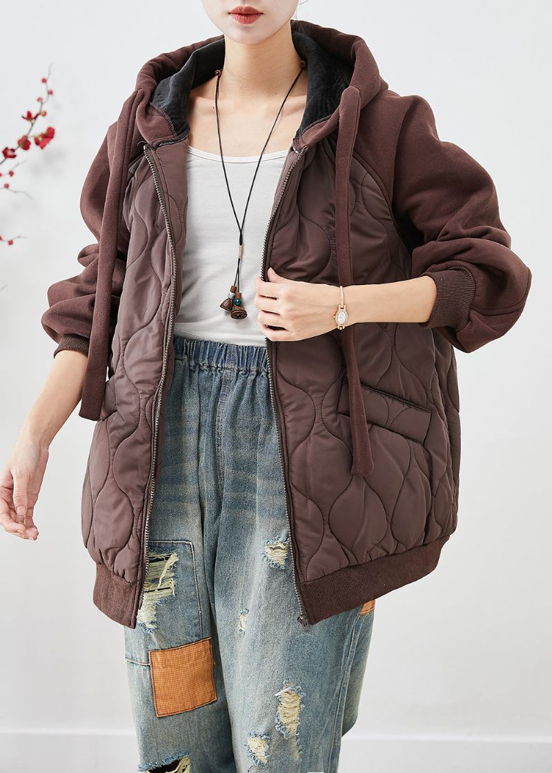 Brun Patchwork Fin Bomullsfylld Pufferjacka Hooded Oversized Winter