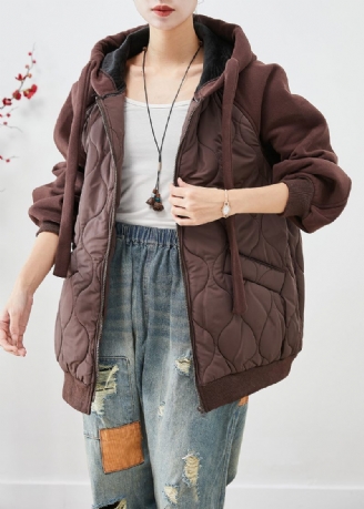 Brun Patchwork Fin Bomullsfylld Pufferjacka Hooded Oversized Winter