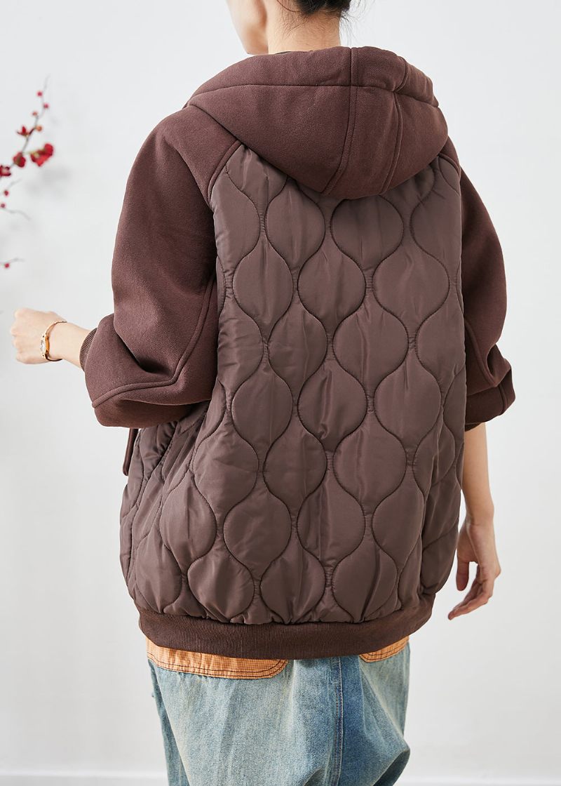 Brun Patchwork Fin Bomullsfylld Pufferjacka Hooded Oversized Winter - Dunjackor för kvinnor