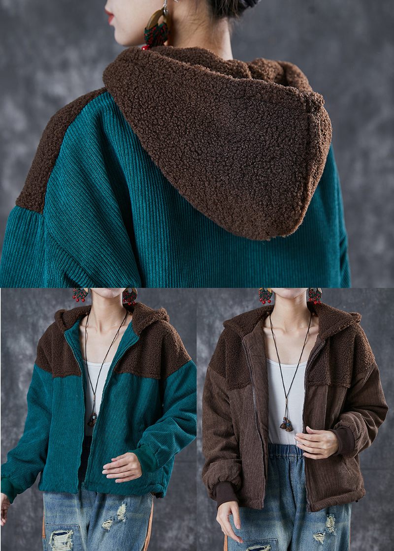 Brun Patchwork Varm Fleecejacka Hooded Winter - Vinterkappor för kvinnor