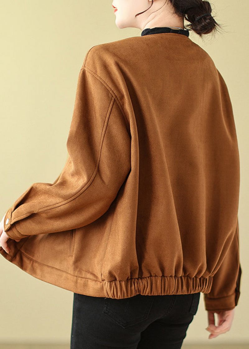 Camel Faux Mocka Jacka O-neck Oversized Spring - Vinterkappor för kvinnor