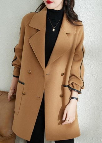 Camel Patchwork Woolen Trench Oversized Double Breast Fall