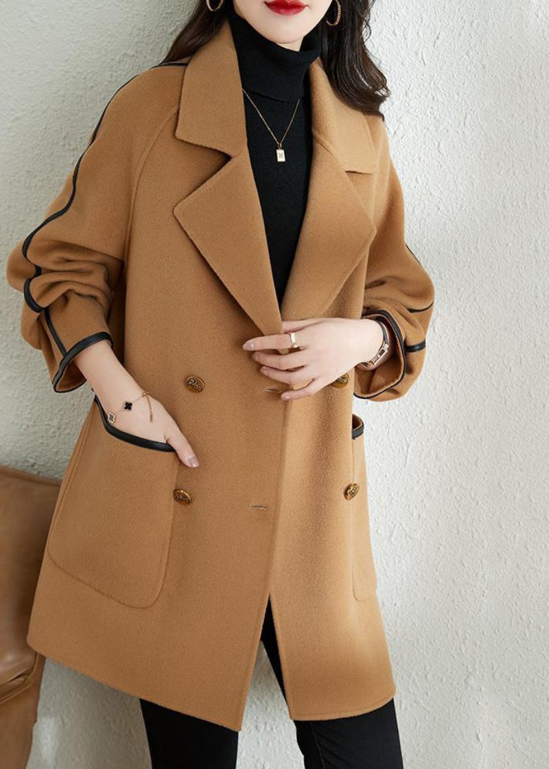 Camel Patchwork Woolen Trench Oversized Double Breast Fall - Trenchcoats för kvinnor