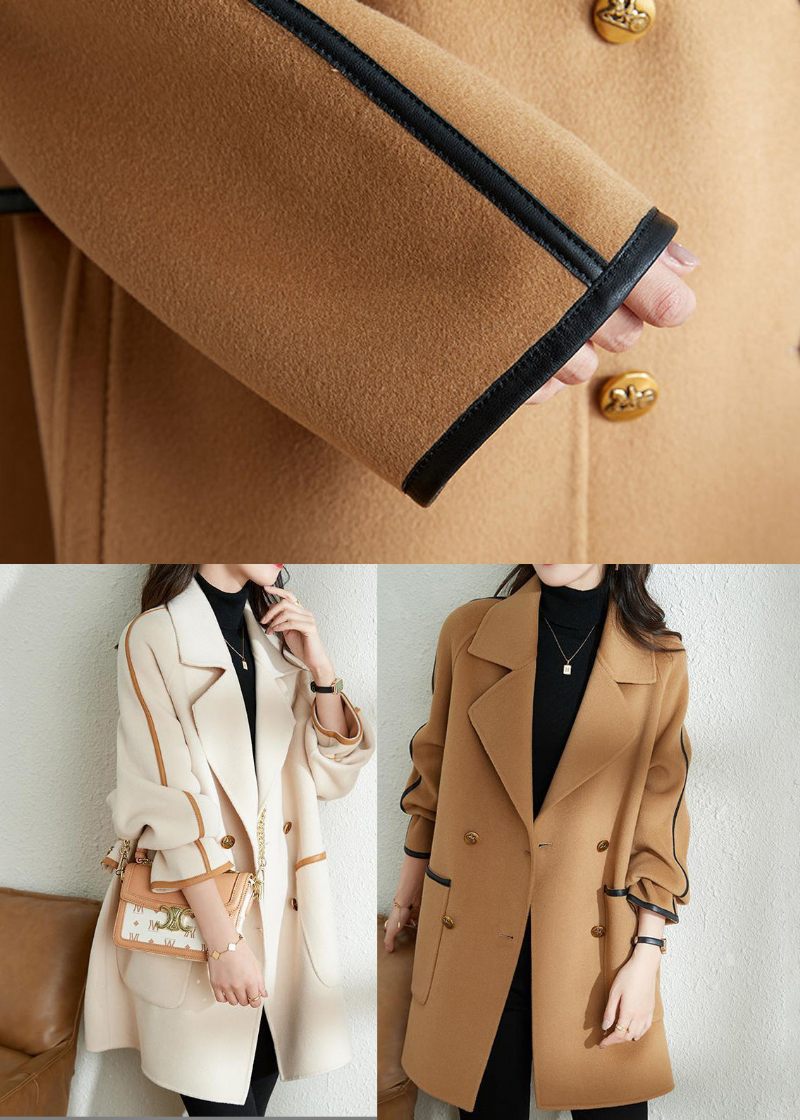 Camel Patchwork Woolen Trench Oversized Double Breast Fall - Trenchcoats för kvinnor