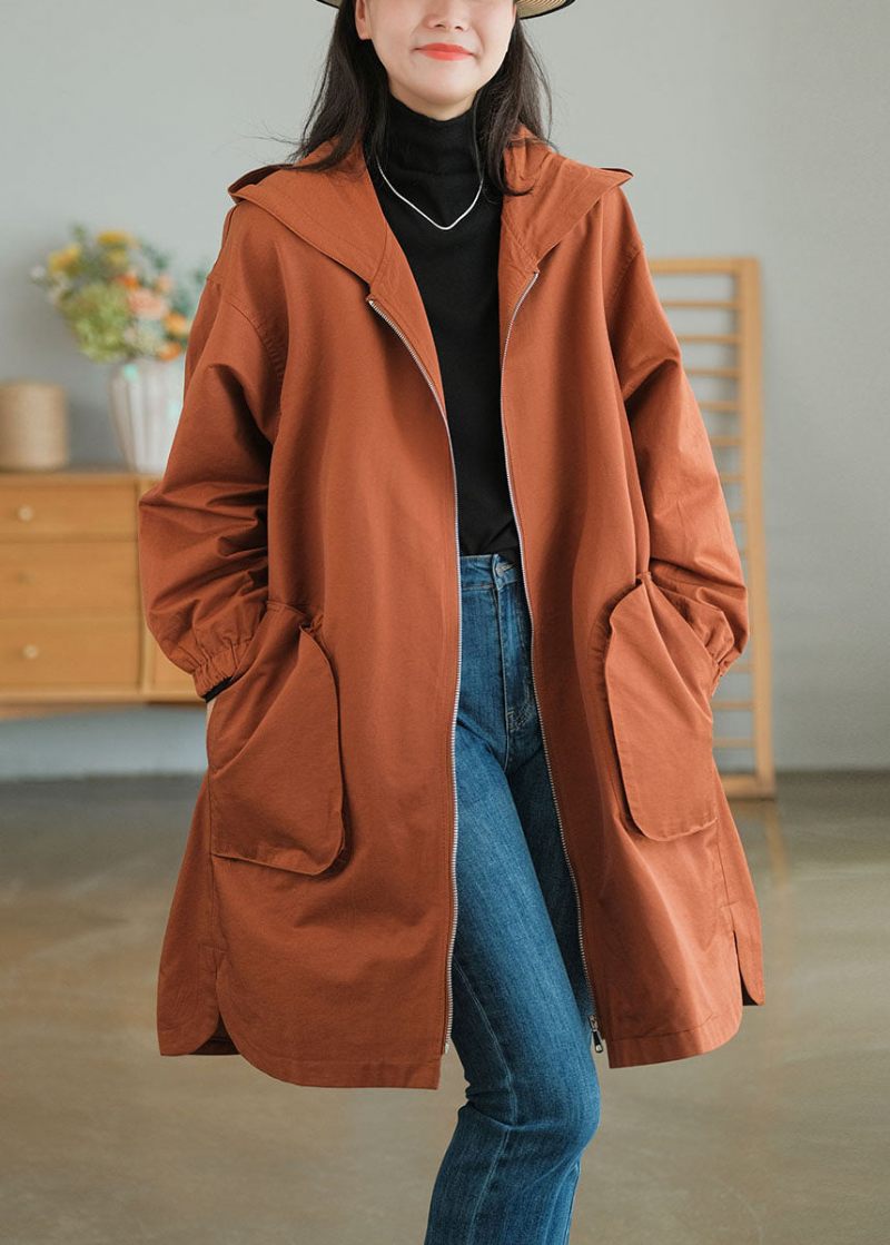 Caramel Fine Coton Loose Coats Hooded Dragkedja Fall