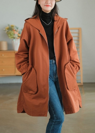 Caramel Fine Coton Loose Coats Hooded Dragkedja Fall