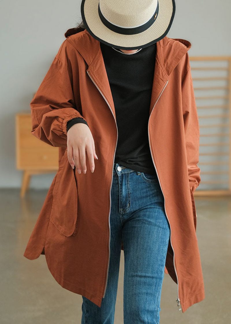 Caramel Fine Coton Loose Coats Hooded Dragkedja Fall - Karamell