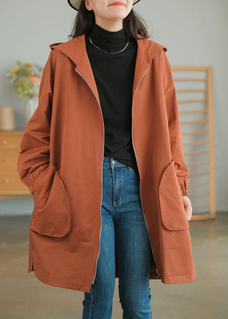 Caramel Fine Coton Loose Coats Hooded Dragkedja Fall - Karamell