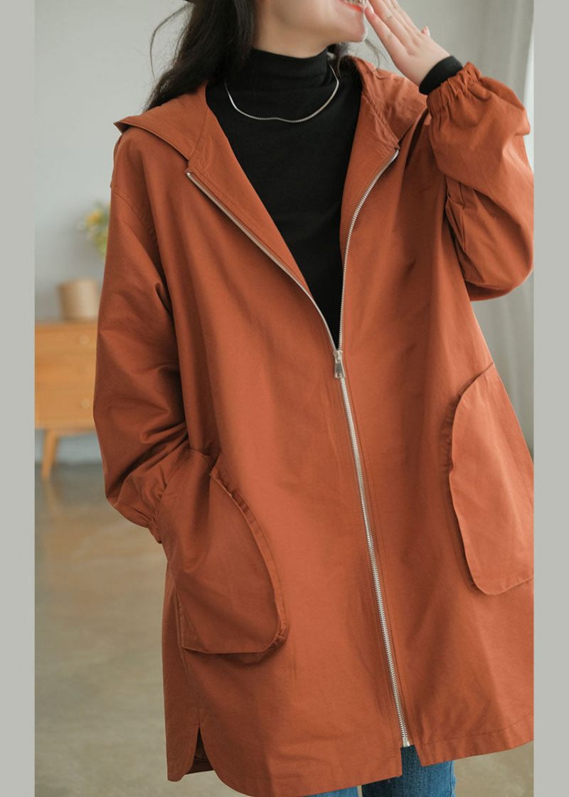 Caramel Fine Coton Loose Coats Hooded Dragkedja Fall - Karamell