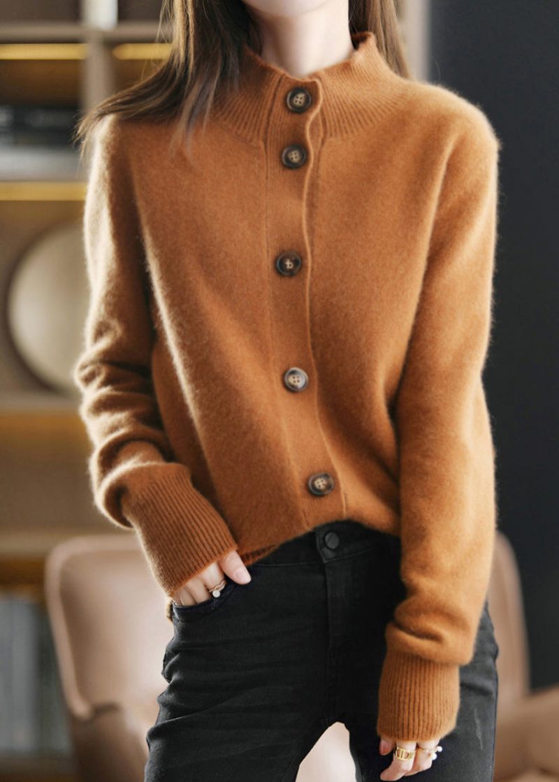 Caramel O-neck Button Woolen Cardigan Långärmad - Karamell