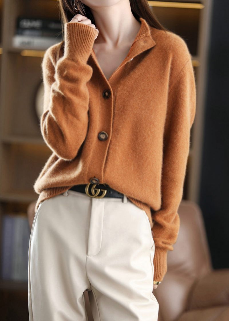 Caramel O-neck Button Woolen Cardigan Långärmad - Karamell