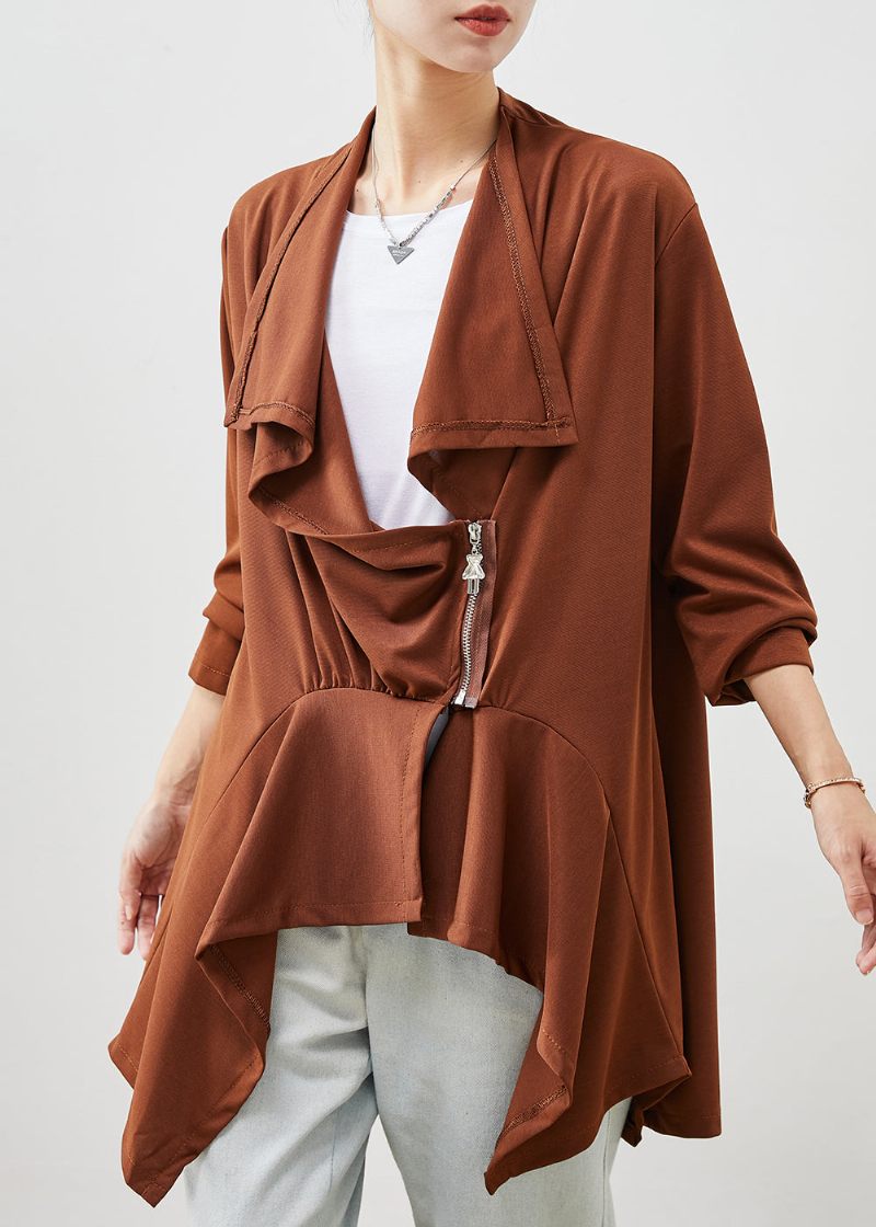 Caramel Patchwork Cotton Cardigans Asymmetrisk Spring - Koftor för kvinnor