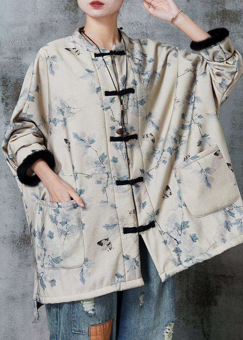 Casual Aprikos Oversized Print Varm Fleece Coat Ytterkläder Spring