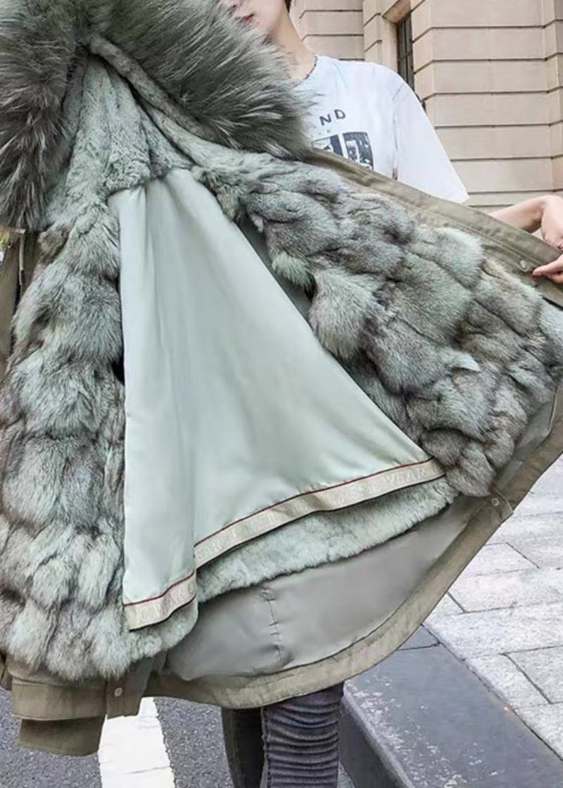 Casual Army Green Fox Krage Fickor Dragsko Patchwork Avtagbar Parka Winter - Dunjackor för kvinnor