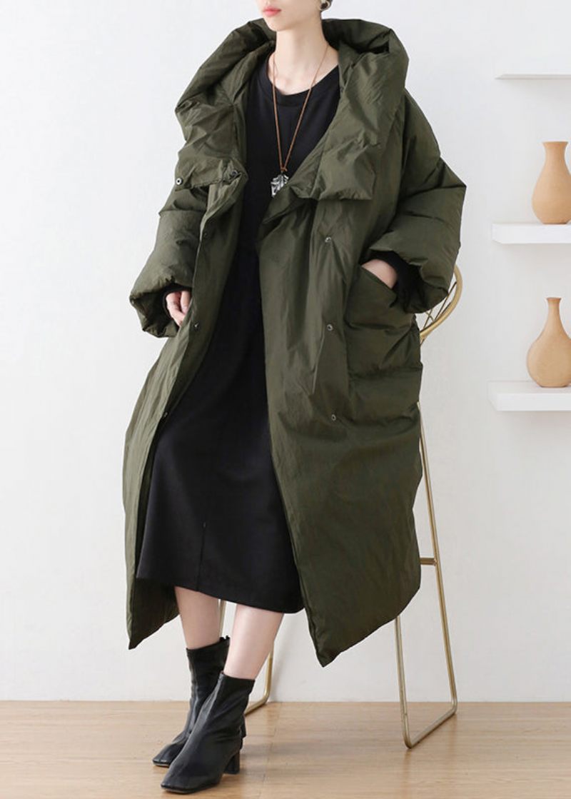 Casual Army Green Turtleneck Dragkedja Duck Down Hooded Long Coat Winter