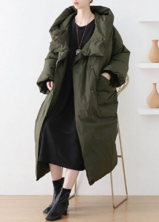 Casual Army Green Turtleneck Dragkedja Duck Down Hooded Long Coat Winter