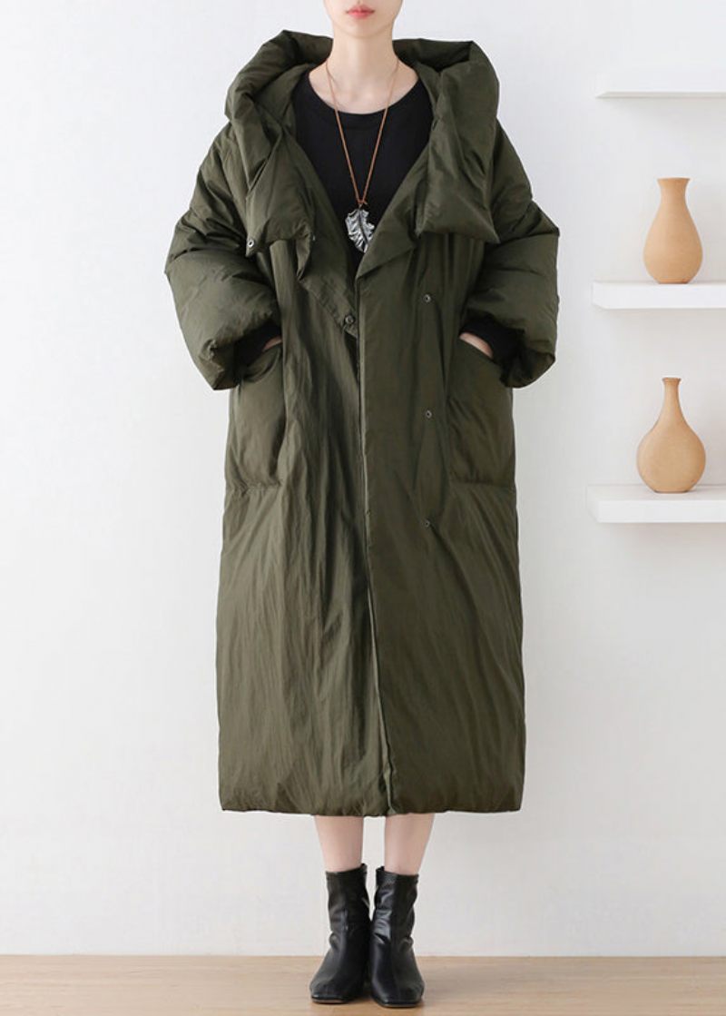 Casual Army Green Turtleneck Dragkedja Duck Down Hooded Long Coat Winter - Armégrön