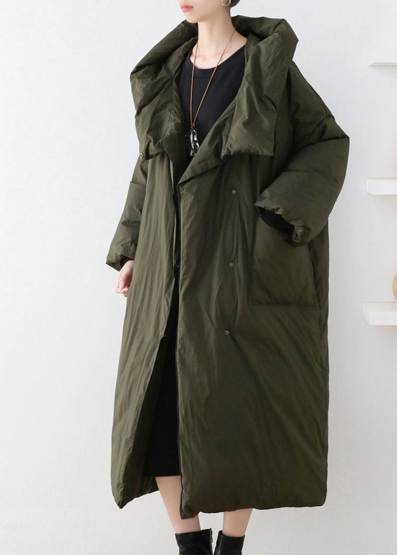 Casual Army Green Turtleneck Dragkedja Duck Down Hooded Long Coat Winter - Armégrön