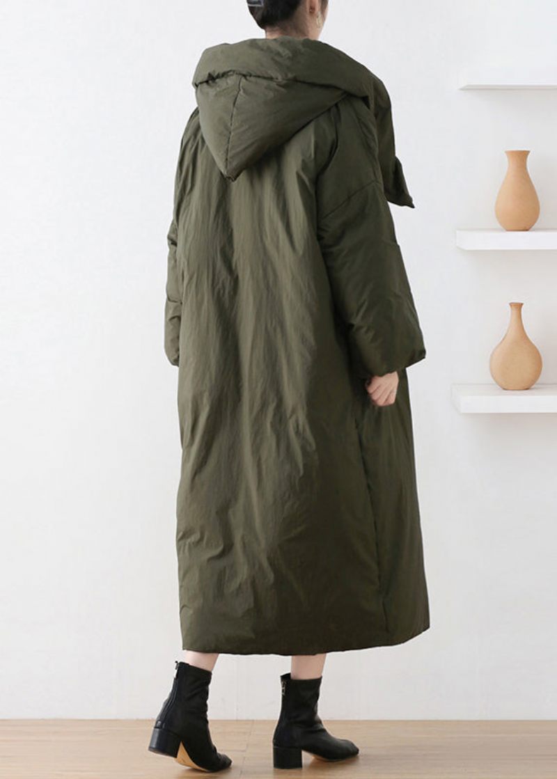 Casual Army Green Turtleneck Dragkedja Duck Down Hooded Long Coat Winter - Armégrön