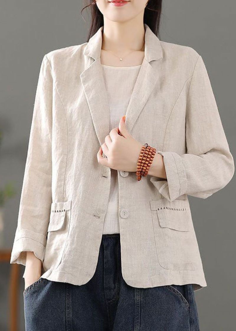 Casual Beige Fickor Patchwork Button Linnerockar Spring - Vinterkappor för kvinnor