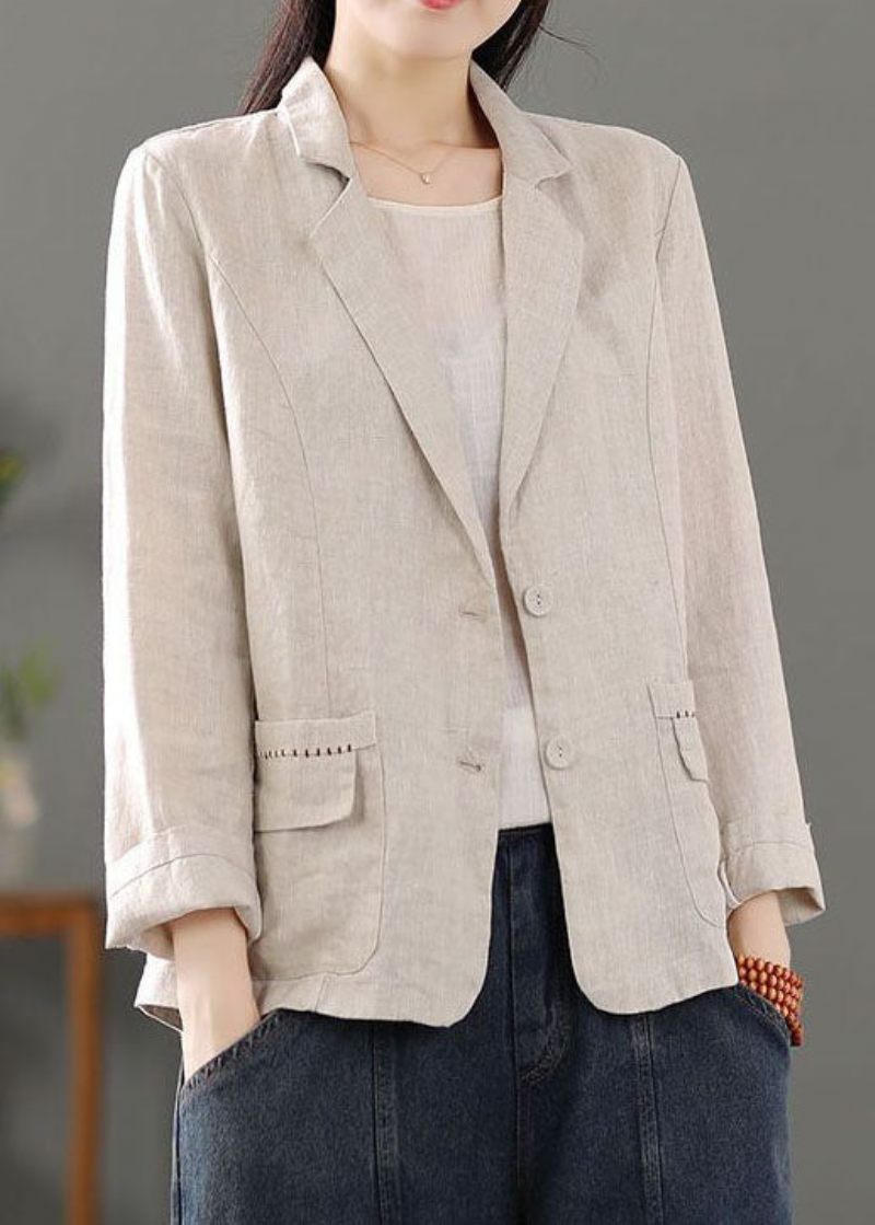 Casual Beige Fickor Patchwork Button Linnerockar Spring - Vinterkappor för kvinnor