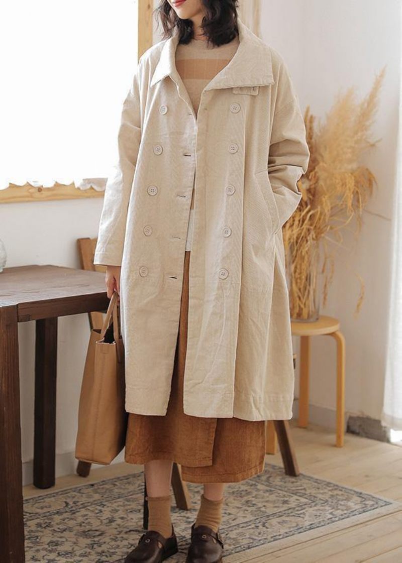 Casual Beige Parkas För Kvinnor Plus Size Varm Vinterkappa Dubbla Bröstfickor Vinter Ytterkläder